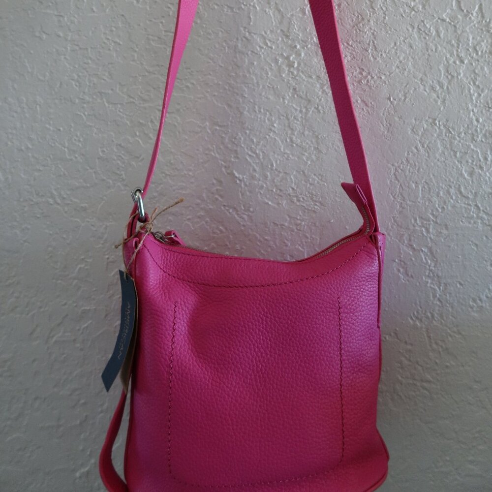 American Leather Co. Pebbled Leather Bucket Crossbody Bag Fuchsia Pink MSRP $165